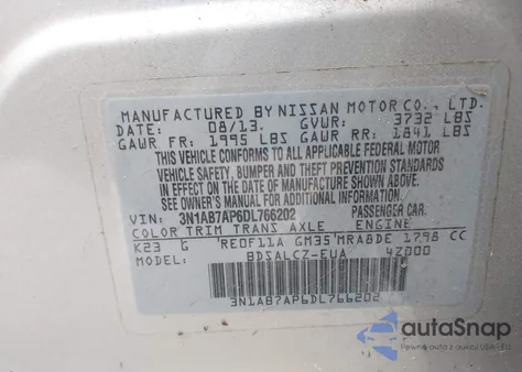 2013 Nissan Sentra S z USA, uszkodzony, nr VIN 3N1AB7AP6DL766202